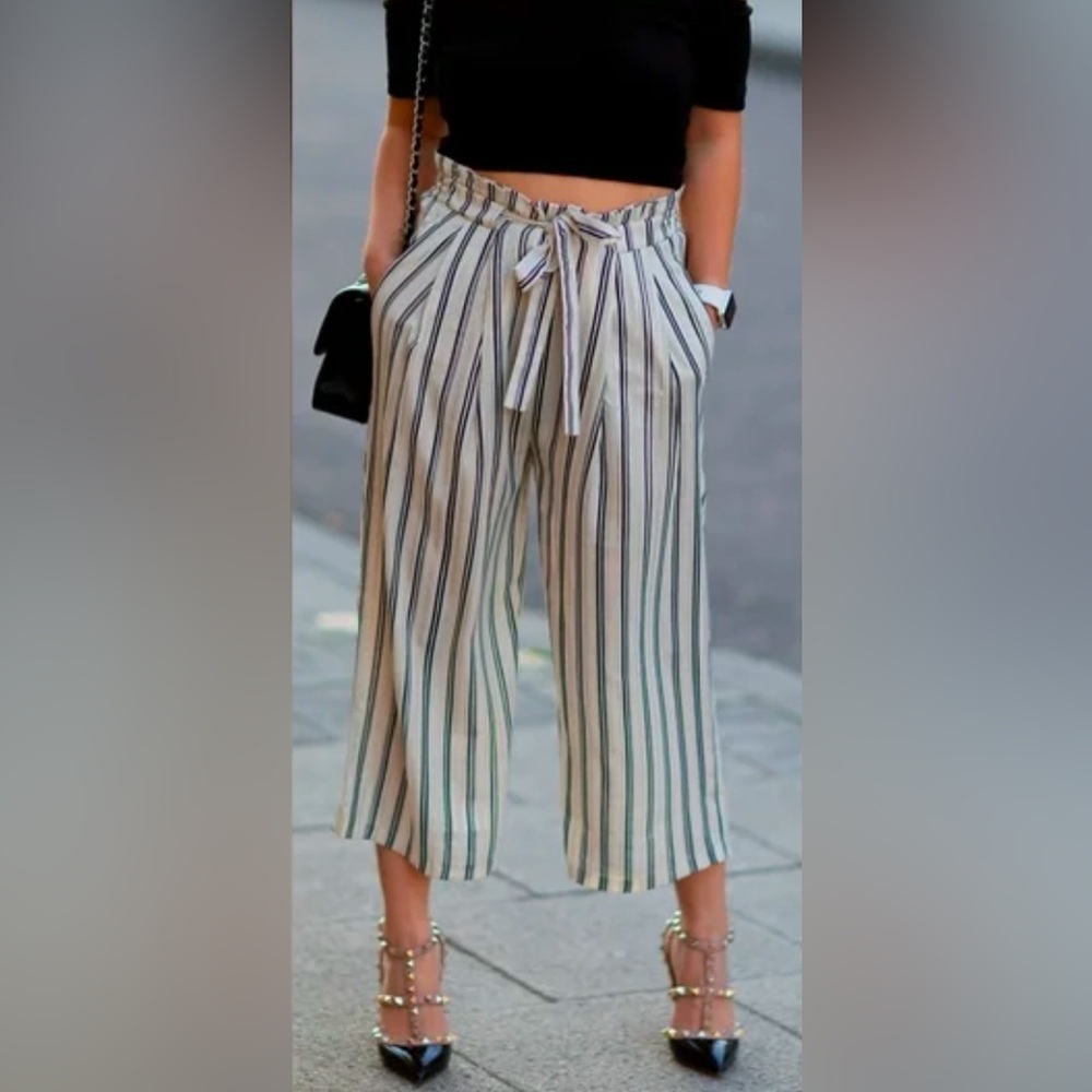 Zac & Rachel Linen Blend Cropped‎ Wide Leg Elastic Waist Striped Pants Large EUC